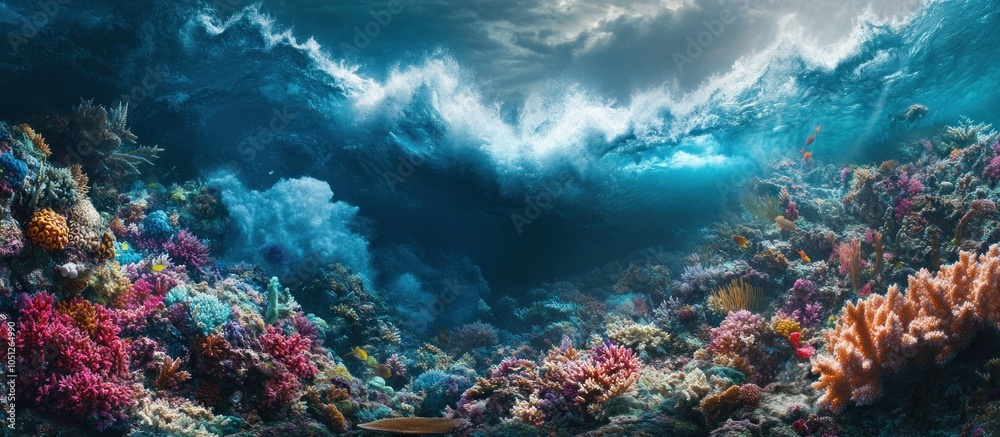 Obraz premium Vibrant coral reef thriving beneath a wave with a dramatic sky above.