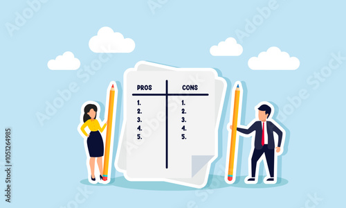 A businessman and businesswoman hold a pencil next to a pros and cons list, illustration of conducting a survey or providing an objective assessment of the company's performance