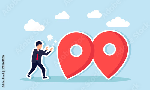 A businessman pushing a row of location pins until they fall and hit other pins, illustration of poor location mapping management leading to suboptimal business growth