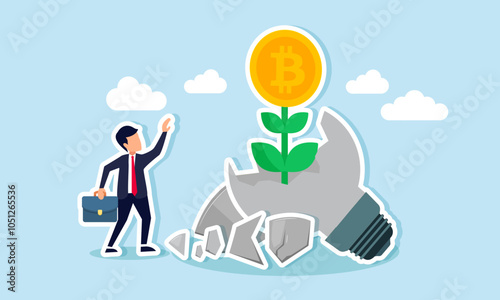 A businessman feels pleased with bitcoin plants growing from a broken lamp, illustration of results from bitcoin investment strategies based on old, unused ideas and innovations