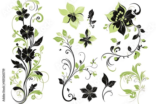 Decorative floral elements with green leaves. Vertical, horizontal,angle.