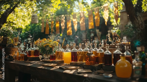 Enchanting potion table displaying colorful elixirs in nature's embrace