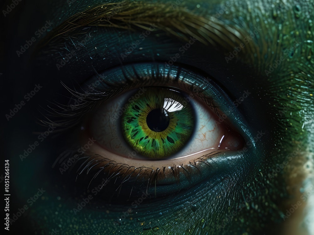 Obraz premium Fierce scary red eyes on a dark textured face. Demonic eyes. Concept of Halloween, horror, evil spirits, supernatural beings, demon