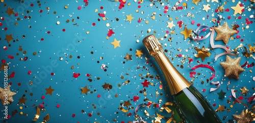 Celebration background with golden champagne bottle, confetti stars and party streamers. Christmas, birthday or wedding concept. 