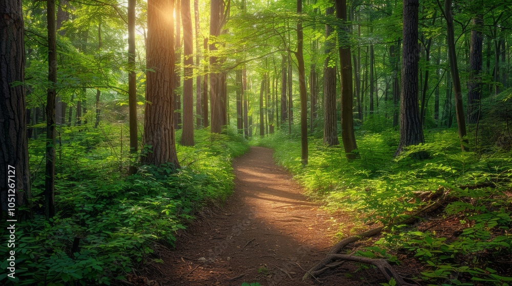 Fototapeta premium Sunlight streams through a dense forest, illuminating a path winding through lush greenery. AI generative.