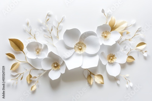Wallpaper Mural Elegant white paper flowers and gold leaves on a white background. Torontodigital.ca