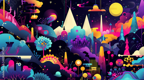 Colorful abstract landscape with futuristic shapes, neon hues, and whimsical patterns in a night scene photo