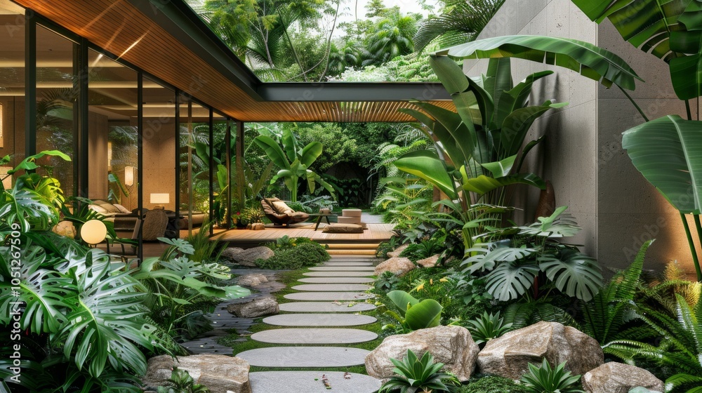 A lush green garden with a stone pathway leading to a modern house. AI generative. A lush green garden with a stone pathway leading to a modern house. AI generative.