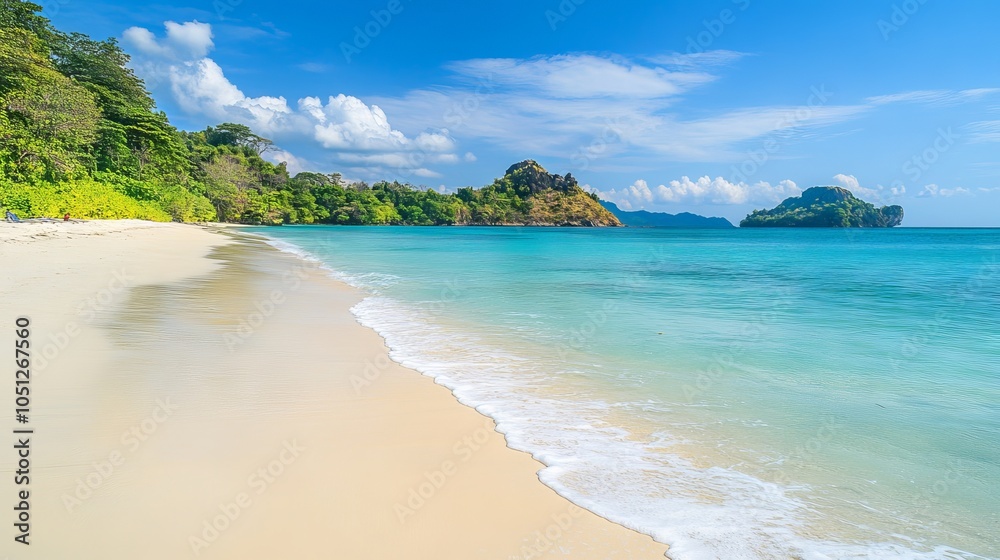Obraz premium Sandy tropical beach with a serene island in the background under clear blue skies