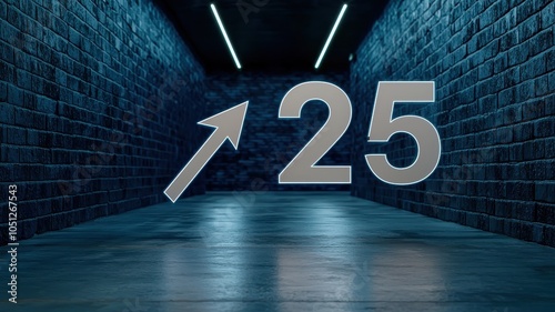 Growth concept with upward arrow and number 25 in a modern interior setting emphasizing progress.