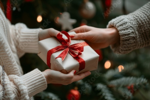 Coming together for a joyous Christmas gift exchange around the festively decorated Christmas tree, enjoying the warmth of family, love, and shared happiness during the holiday season photo