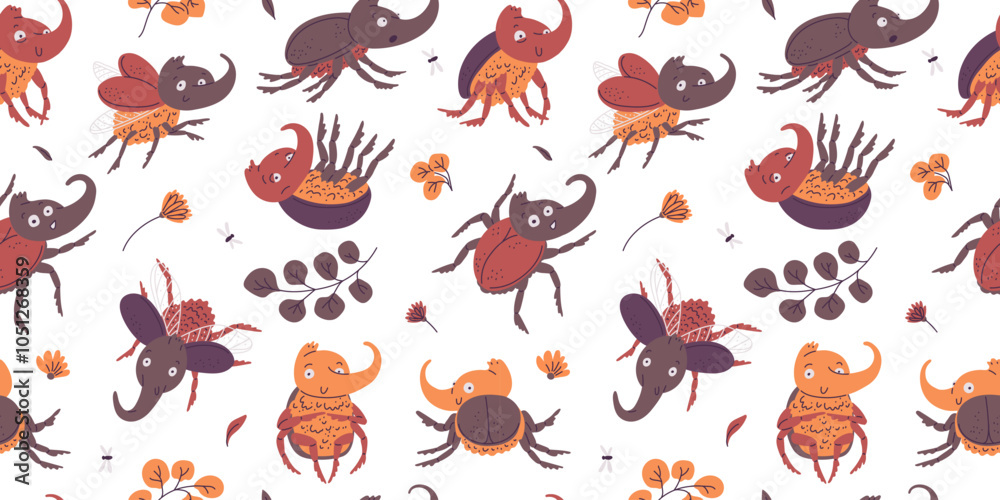 Obraz premium Seamless pattern with cute Rhinoceros beetles on floral background, vector horned scarabs different poses and emotions