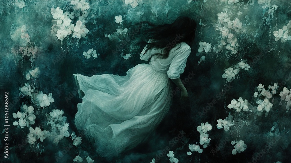 Obraz premium Dreamy Underwater Portrait of a Woman in a White Dress