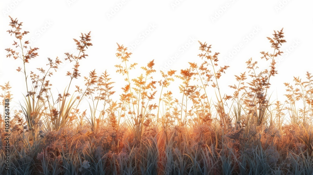 Fototapeta premium A field of tall grass with a golden glow, backlit by the setting sun. AI generative.