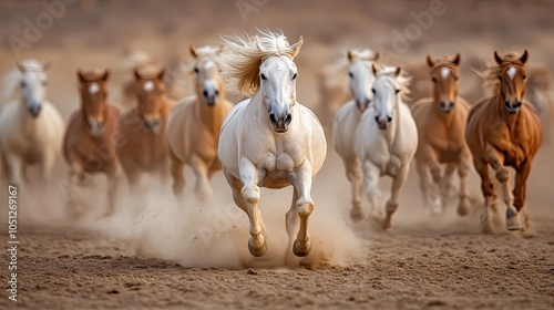 A dynamic capture of galloping horses highlights their muscular energy and grace across an infinite, dusty landscape.