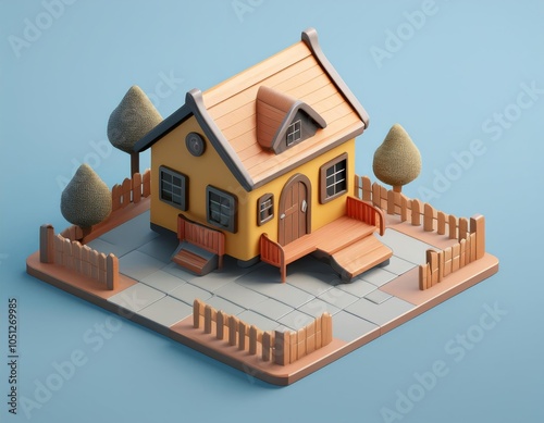 3D small yellow house with a wooden porch and a picket fence photo