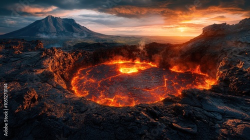 Alien landscape with a lava lake in a crater, fiery and sulfurous with glowing embers and scorched rocks.