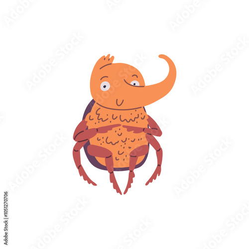 Vector illustration with a cute cartoon character-a rhinoceros beetle with a big horn