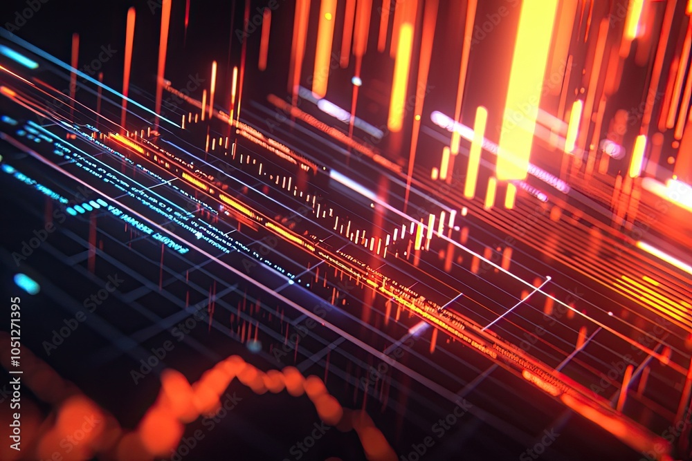 Fototapeta premium Abstract digital data visualization with vibrant lines and glowing patterns, ideal for technology and innovation themes.