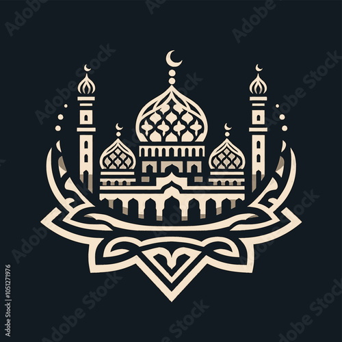 Ornate Mosque Design on Dark Background. elegant and stylized illustration of a mosque featuring intricate decorative patterns