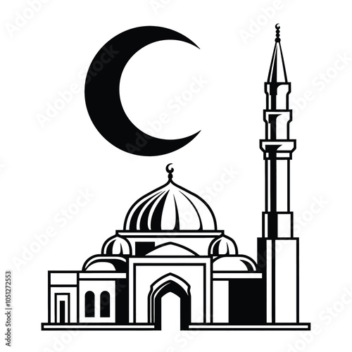 Simple Black and White Mosque and Crescent Moon Design. A stylized black and white illustration of a mosque and a crescent moon