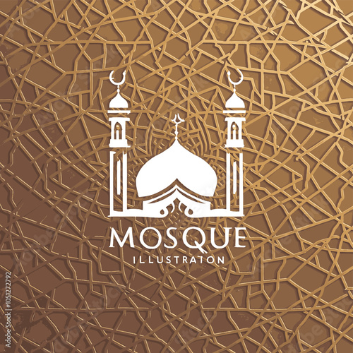 Mosque Illustration: A minimalist, geometric illustration of a mosque with intricate details.  Suitable for use in Islamic themes, religious art, and architectural design.  