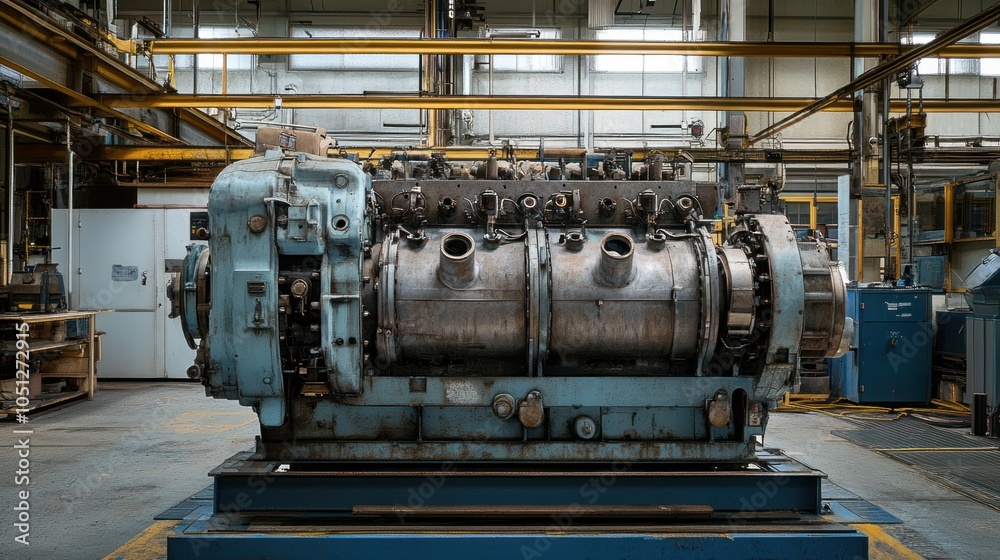 Fototapeta premium Diesel Engine - Massive diesel engine in a mechanical workshop, with distinct metallic parts and industrial aesthetics, emphasizing durability and power.