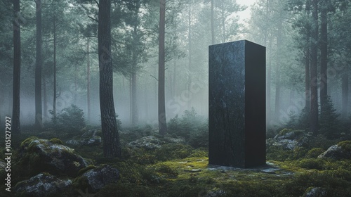 Hypersmooth obsidian podium in a dark, misty forest photo