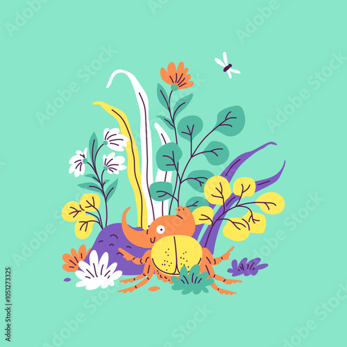 Cartoon vector illustration of a cute horned rhinoceros beetle turned with a smile