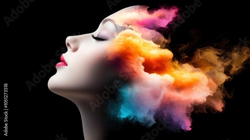 Bright idea emerging from a cloud of colorful thoughts, representing inspiration.