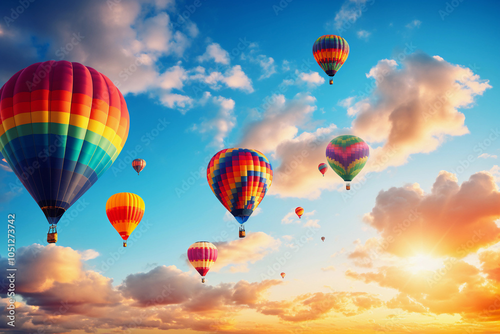 Obraz premium Vibrant Scene of a Colorful Hot Air Balloon Parade Filling the Sky, Creating a Cheerful Festive Atmosphere – Generative AI