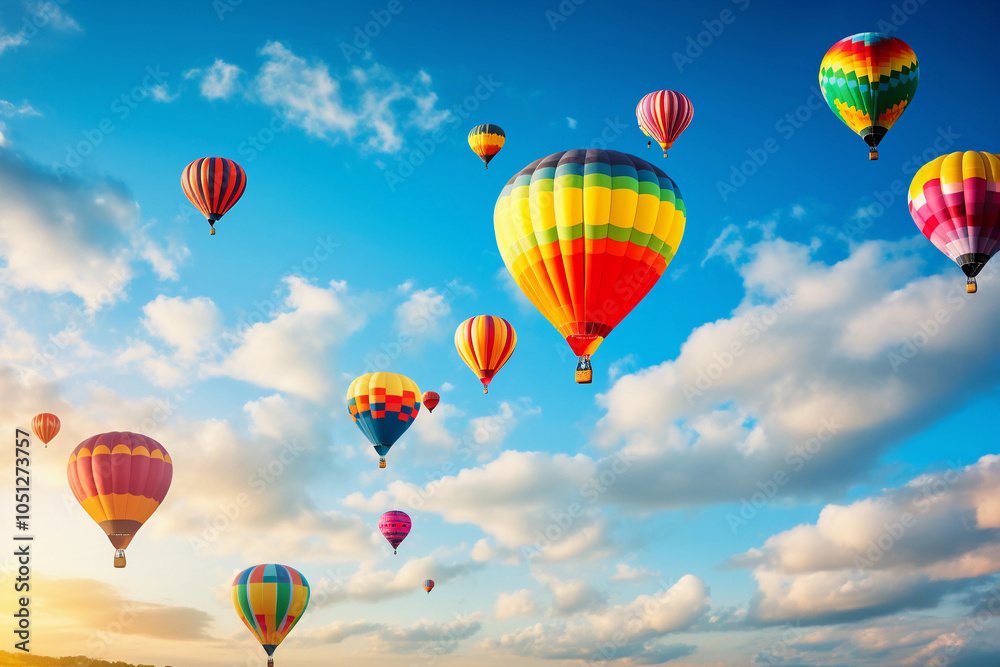 Obraz premium Vibrant Scene of a Colorful Hot Air Balloon Parade Filling the Sky, Creating a Cheerful Festive Atmosphere – Generative AI
