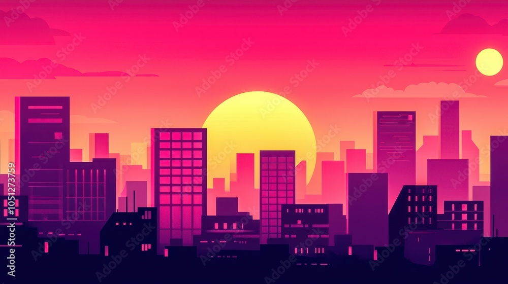Fototapeta premium Colorful city skyline at sunset with vibrant pink and orange hues.