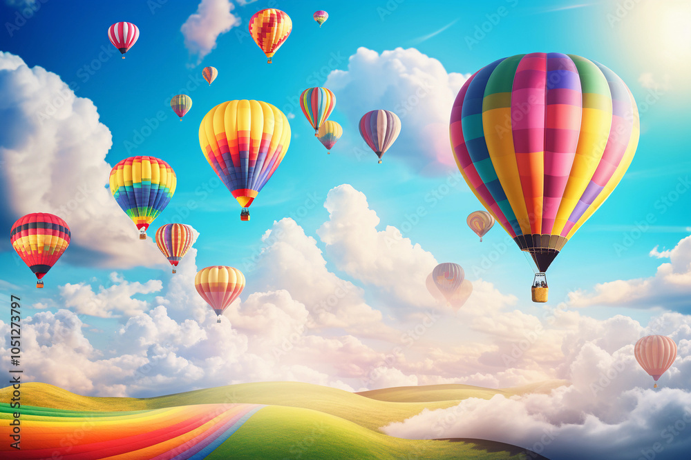 Obraz premium Vibrant Scene of a Colorful Hot Air Balloon Parade Filling the Sky, Creating a Cheerful Festive Atmosphere – Generative AI