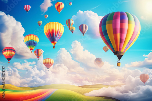 Vibrant Scene of a Colorful Hot Air Balloon Parade Filling the Sky, Creating a Cheerful Festive Atmosphere – Generative AI