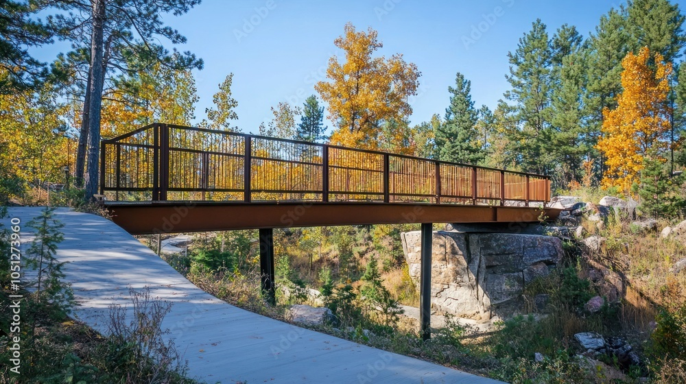 Elevated Bridge Pathway - Elevated pedestrian bridge with a scenic view, blending functionality with accessibility in an urban park. Elevated Bridge Pathway - Elevated pedestrian bridge with a scenic view, blending functionality with accessibility in an urban park.