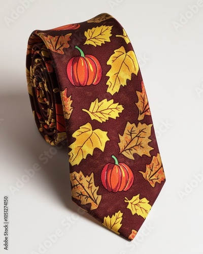 Fashionable tie with colorful pumpkin and leaf pattern, perfect for autumn events. photo