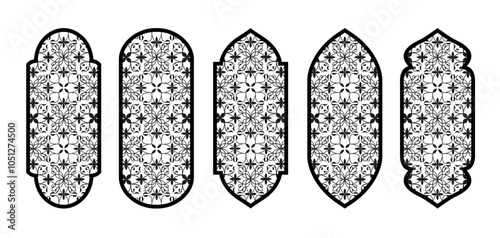 Arabian mosque window, monochrome arch arabesque ornament shapes. Old arabic window frames with geometric motif. Palace architecture elements, ramadan frames. Vector.