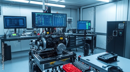 Engine Performance Testing - Image of a test lab with an engine on a performance testing rig, various monitoring equipment around, showcasing automotive research and innovation.