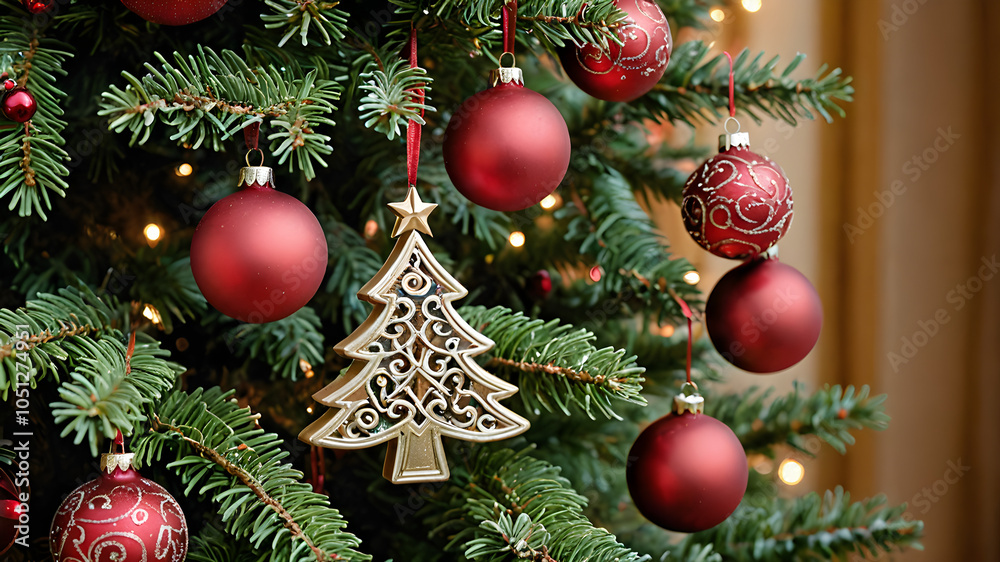 Close-Up of Decorated Christmas Tree: Celebrating the Magic of Christmas with a Festive Backdrop. Beautiful Macro photography shows many pendants, branches and leaves and ornaments. Generative AI Close-Up of Decorated Christmas Tree: Celebrating the Magic of Christmas with a Festive Backdrop. Beautiful Macro photography shows many pendants, branches and leaves and ornaments. Generative AI