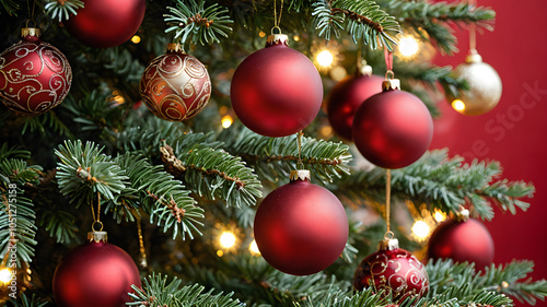 Close-Up of Decorated Christmas Tree: Celebrating the Magic of Christmas with a Festive Backdrop. Beautiful Macro photography shows many pendants, branches and leaves and ornaments. Generative AI