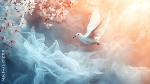 Graceful dove soaring amidst ethereal floral whispers in soft light