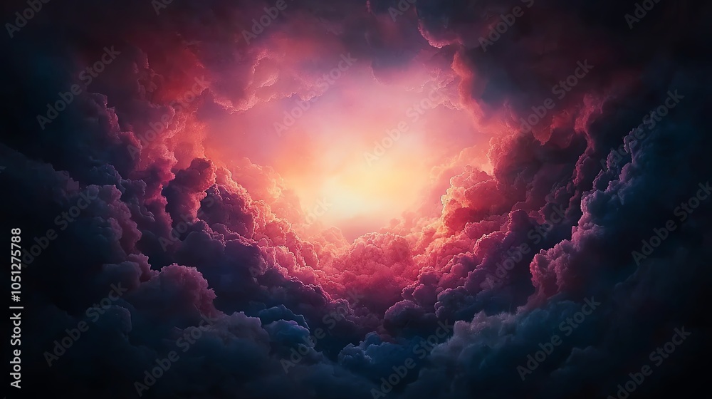 Naklejka premium A stunning view of swirling clouds illuminated by a radiant light at the horizon, evoking feelings of wonder and tranquility.