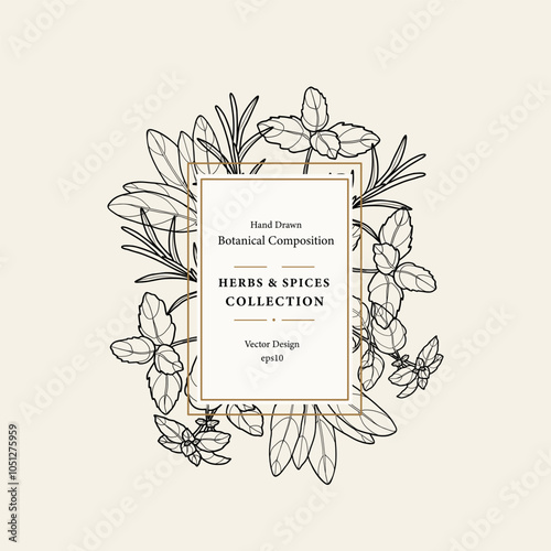 Line art herbs branches frame. Rosemary, mint, sage, basil