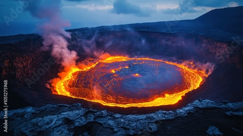 Fiery crater lake with flowing molten lava, sulfuric steam rising over an alien landscape of rock and flames.