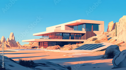 Design a modern house with solar panels in the desert, surrounded by rocky outcrops and a vast, sandy horizon. Rocky Outcrops. Illustration