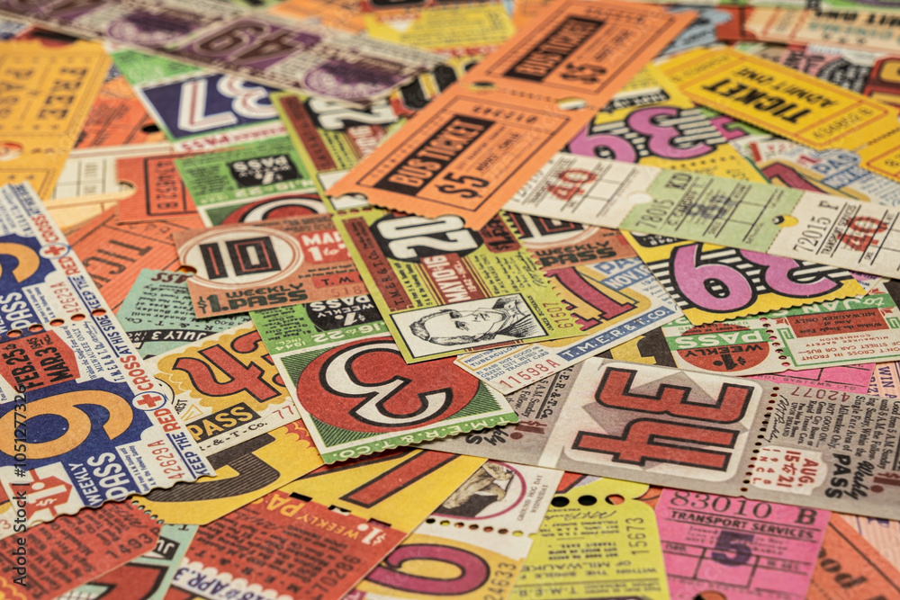 Obraz premium vintage tickets from around the world, theater, movie, concerts, transport, boarding passes, hotel reception cards and other documents