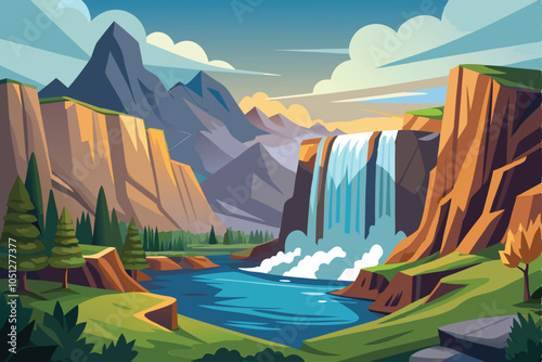 Ground level view of a beautiful waterfall flowing from the rocky cliffs and a landscape of hills and mountains