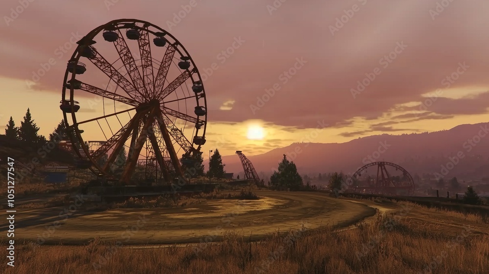 A rusty ferris wheel stands abandoned at sunset. A rusty ferris wheel stands abandoned at sunset.