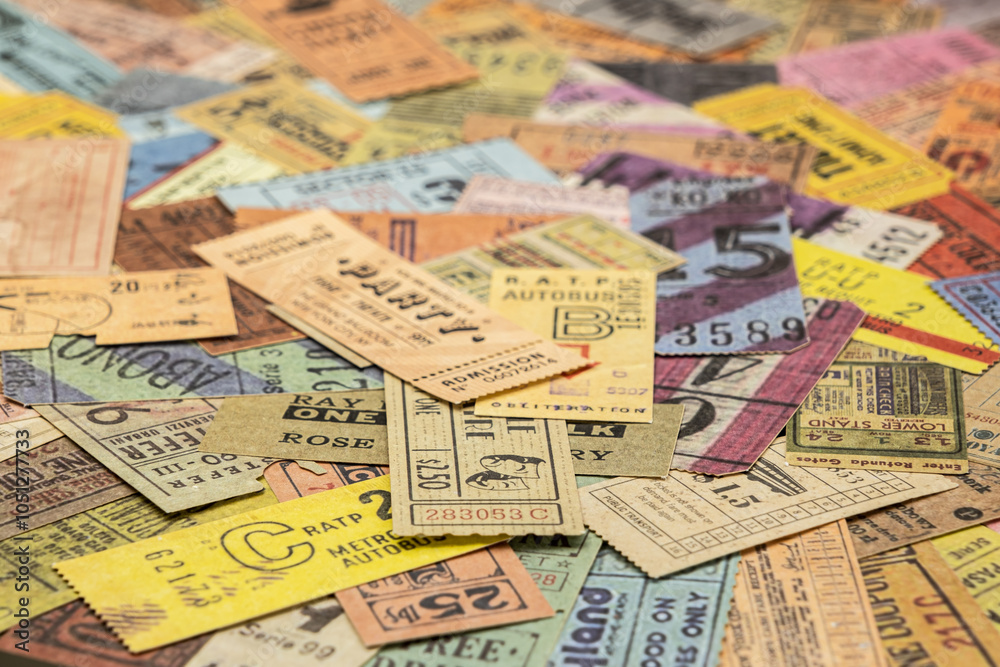 Naklejka premium vintage tickets from around the world, theater, movie, concerts, transport, boarding passes, hotel reception cards and other documents